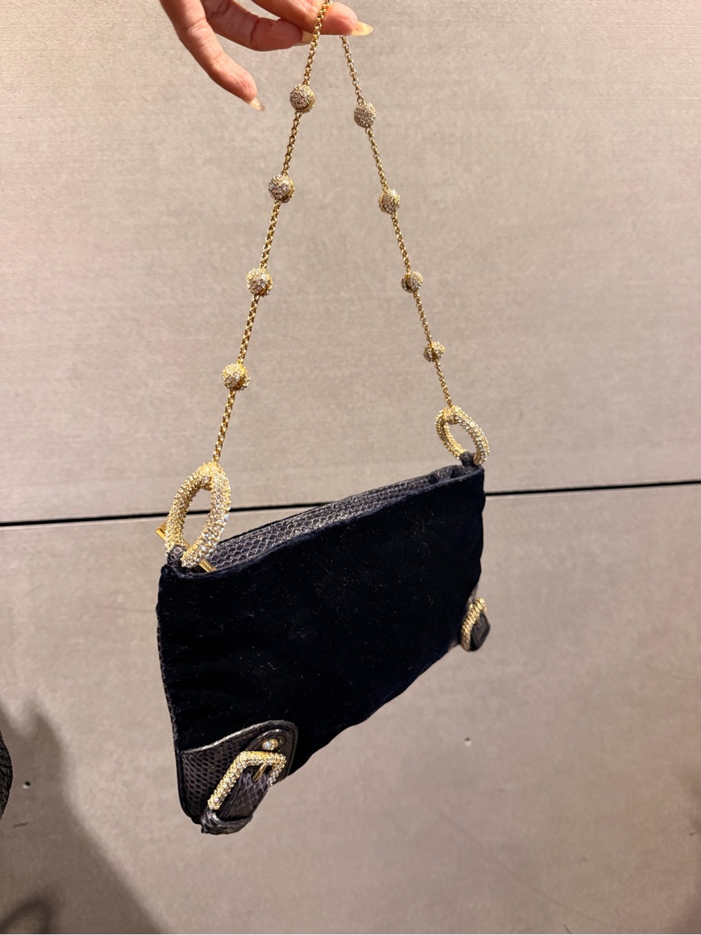 Dolce & Gabbana Navy Velvet Evening Crystal strap shoulder bag python accent